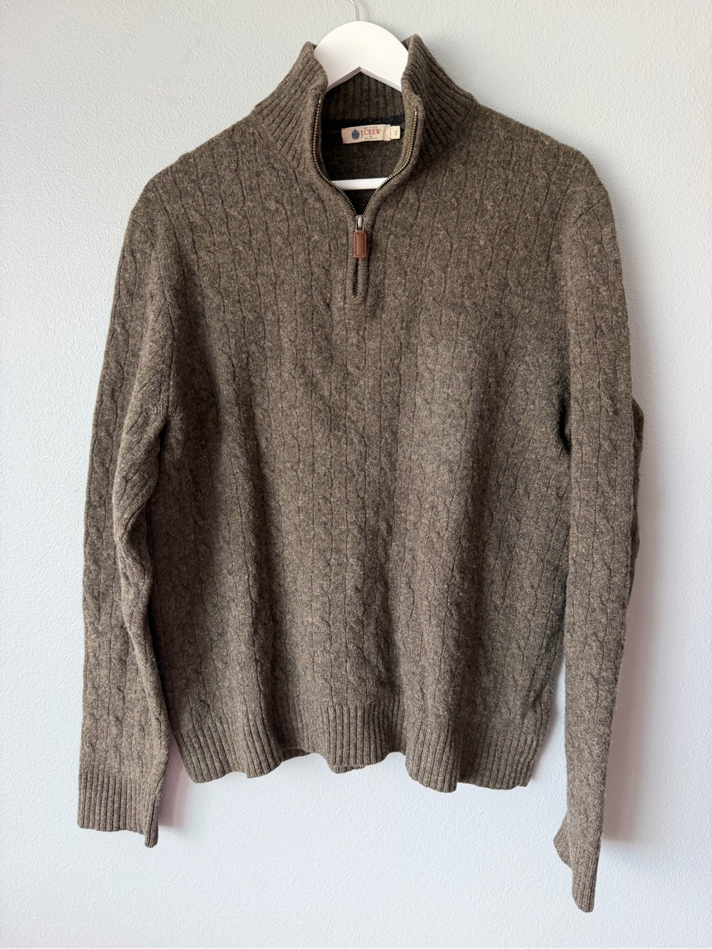 J Crew brown grey cable knit quarter zip 100% wool pullover sweater Men’s sz XL